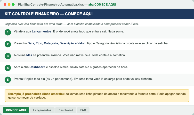 Aba COMECE AQUI da planilha com os 5 passos numerados e a linha de exemplo em amarelo